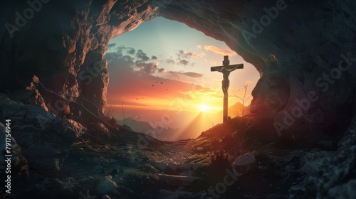 Empty Tomb With Crucifixion At Sunrise - Resurrection Concept 