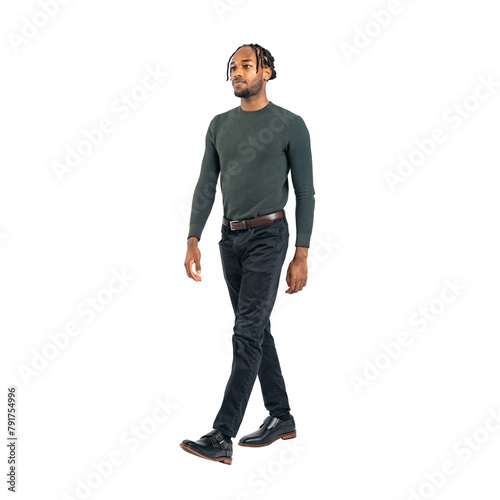 Full body photo of black man walking. Full body photo PNG with transparent background precisely cut out with clipping path.