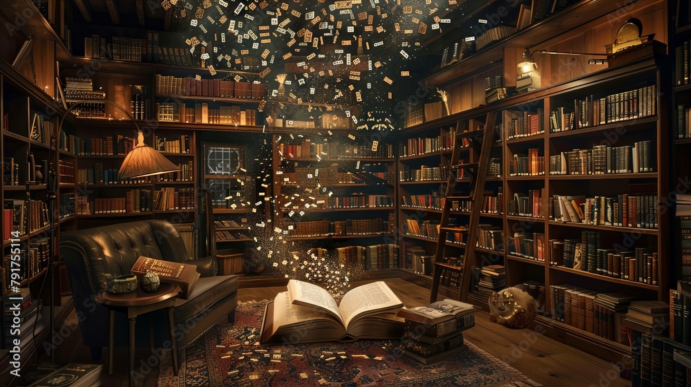 Cozy reading corner in a public library, an open book with letters spiraling out, connecting to bookshelves around