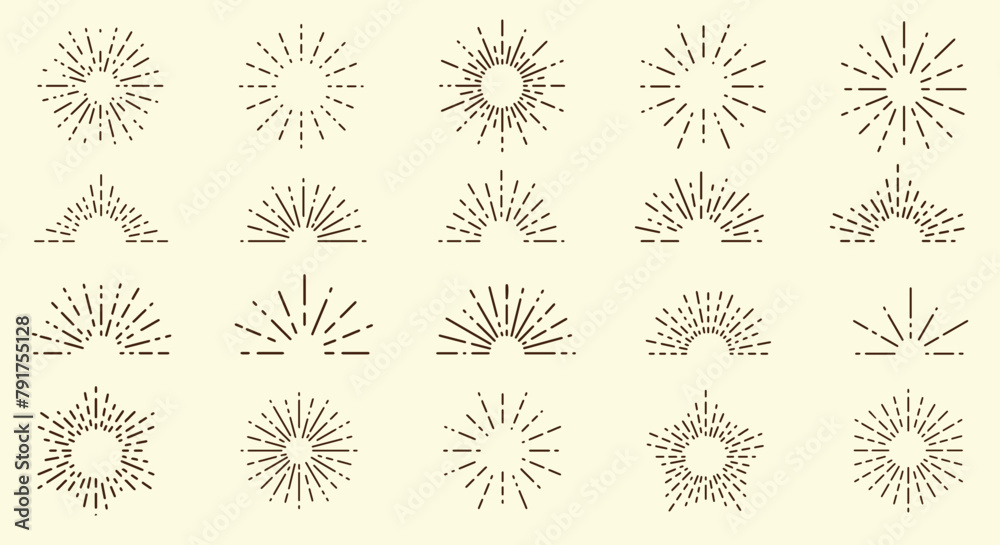 Vintage sunburst collection. Bursting sun rays. Radial sunset beams. Vector illustration.