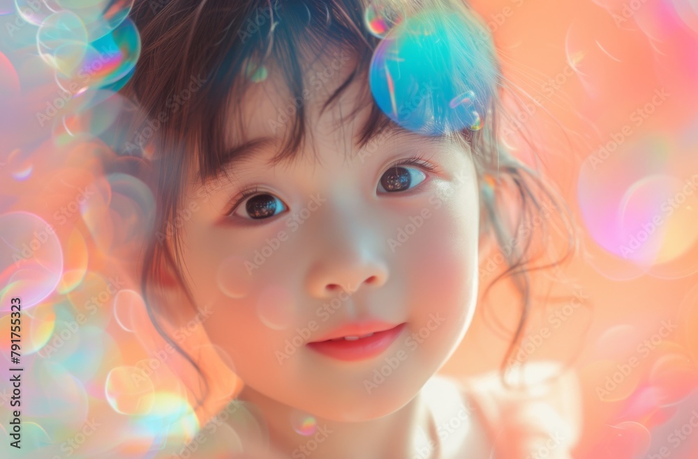 Portrait of an adorable child with sparkling bokeh effects enhancing her innocent and curious expression Portrait of an adorable child with sparkling bokeh effects enhancing her innocent and curious expression