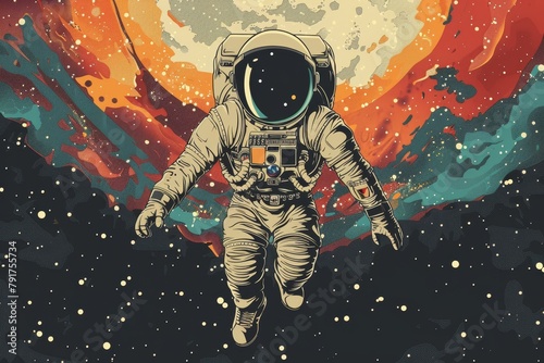 An astronaut in a stylized or retro art style  reminiscent of classic sci-fi illustrations