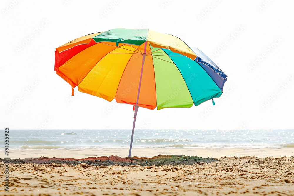 A vibrant umbrella casting a cool shade on a sunny beach, providing respite from the summer heat isolated on solid white background.