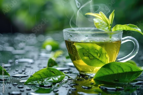 Green tea in a glass cup with green tea leaves on a wet table. photo