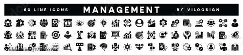 Business and management icon set. Containing teamwork, statistics data, strategy, development, project, manage, plan, schedule, time, partnership, manager, workflow, decision. Vector illustration