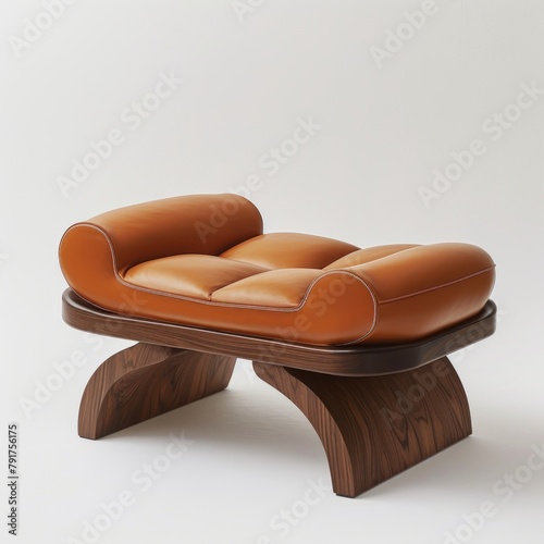 A wooden stool with a leather seat.