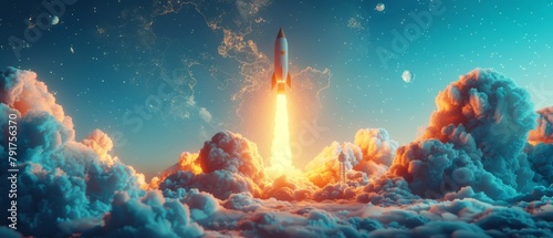 Illustration of a space rocket launch against a sky with stars and planets, metaphor for startup success.
