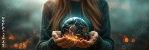 An emotive image of a woman holding a burning globe, symbolizing climate change and the need for environmental conservation #791756545