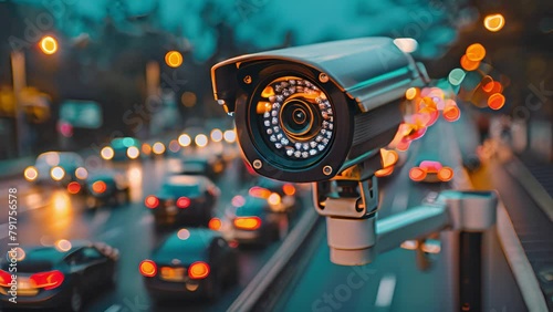 CCTV watching cars on road, ensures traffic safety and surveillance of thoroughfare photo