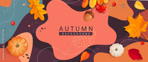 Autumn horizontal banner with colorful fall leaves,rowanberries,acorns,pumpkins and place for text on abstract background.Season flyers,presentations,reports promo,web,leaflet,poster,invitation.Vector