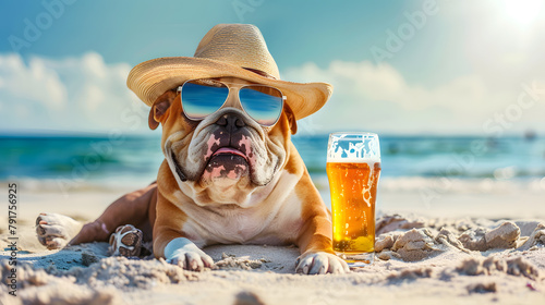 Fence bulldog drinking a beer at the beach in summer vacation.