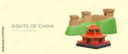 Sights of China. Advertising banner, header, flyer in cartoon style with 3D illustration