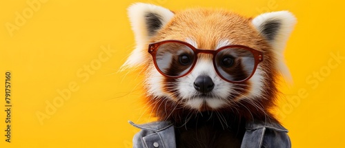 Red Panda (Ailurus) with really cool sunglasses, wearing hoodie, yellow background photo