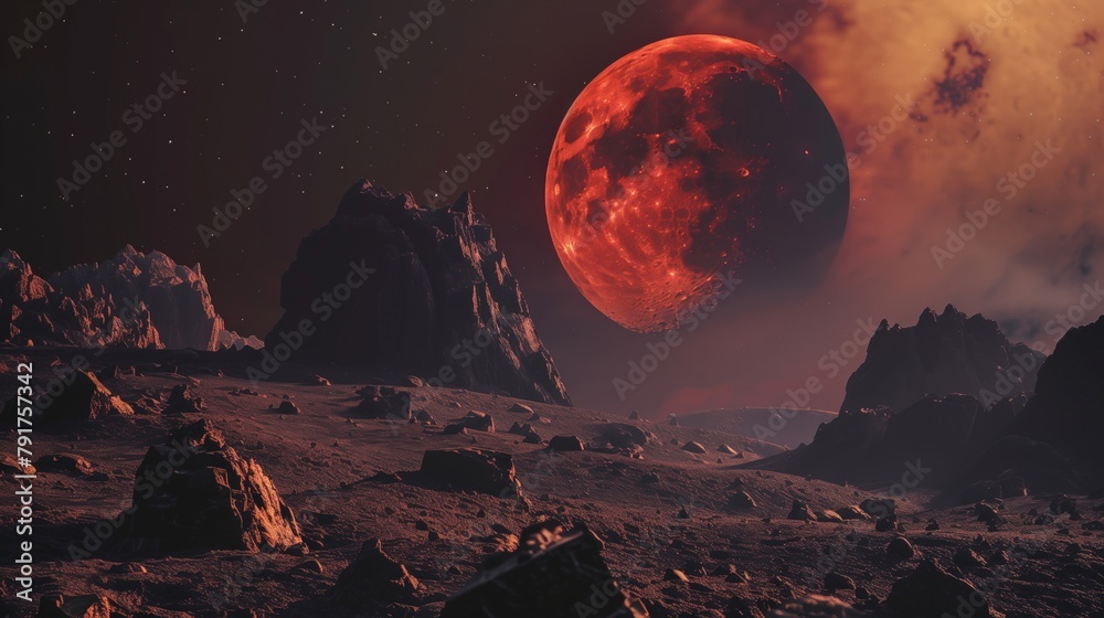 Blood Moon Rising over Alien Landscape