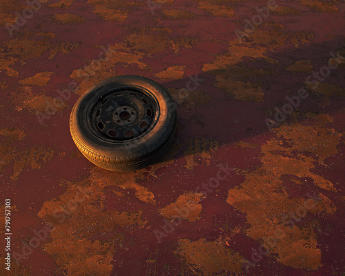 Old car wheel on weathered rusty red painted metal sheet.