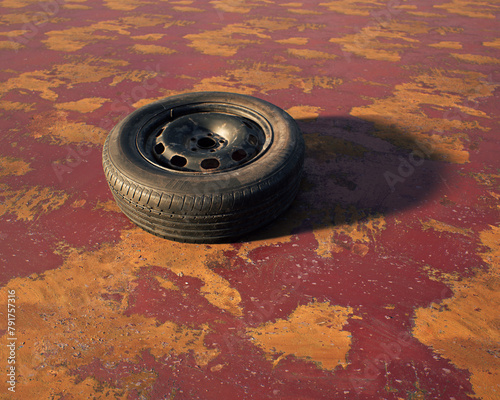 Old car wheel on weathered rusty red painted metal sheet.