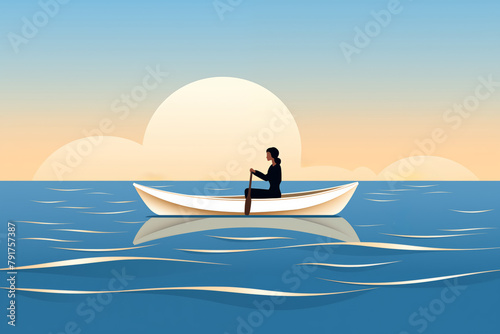 Business graphic vector modern style illustration of a business person in a boat depicting isolation, drifting, cut adrift in shark invested waters remote from the workplace or team