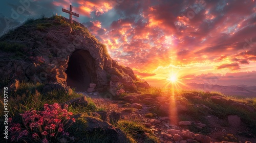 Empty Tomb With Crucifixion At Sunrise - Resurrection Concept. Resurrection - Light In Tomb Empty With Crucifixion At Sunrise, easter , jesus , christian ,background © Sittipol 