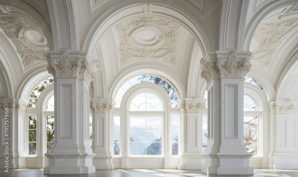 Timeless Elegance in Stone: A Breathtaking Display of Classical Architecture with Ornate White Arches, Towering Columns, and Vaulted Ceilings, Epitomizing Enduring Beauty and Grandeur