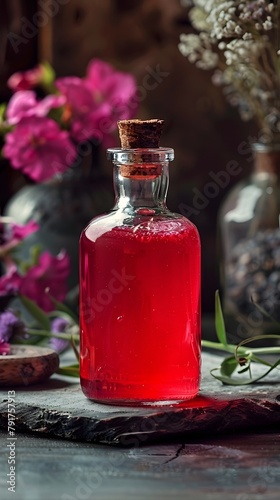 Mysterious red potion in antique glass bottle with floral accents surrounded by nature description:This image depicts an antique glass bottle filled