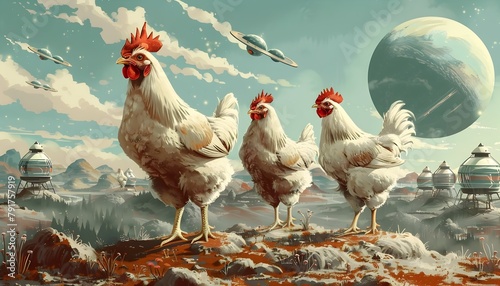 Chickens Raised by Aliens on Intergalactic Farms with Celestial Landscapes