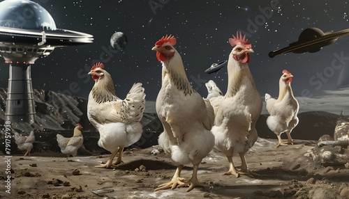 Intergalactic Chicken Farmers Raising Poultry Under the Stars in Futuristic Intergalactic Farms