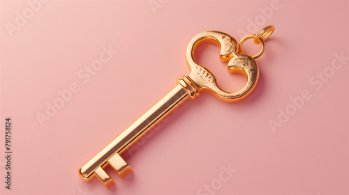 Vintage Golden Key on Plain Pink Surface