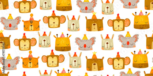 Seamless pattern with animal portraits. Cute cartoon animals celebrating a birthday. Scandinavian style. Isolated kids illustration