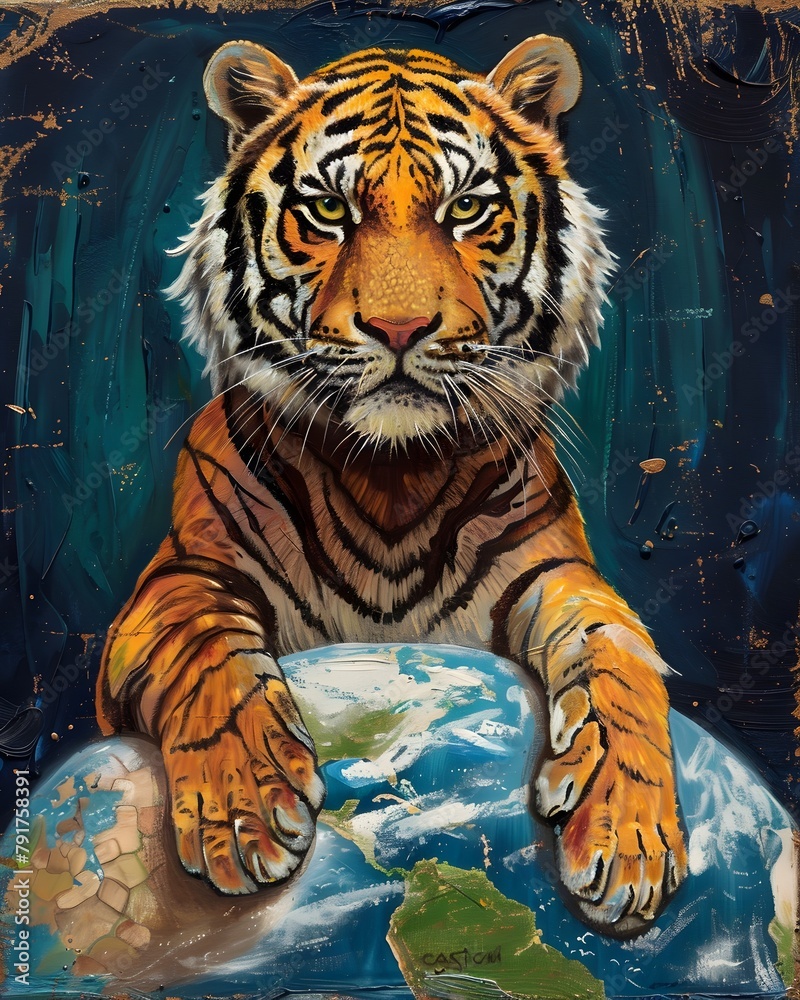Majestic Tiger Embracing the Fragile Earth - Acrylic Painting Symbolizing the Balance of Nature and Global Responsibility
