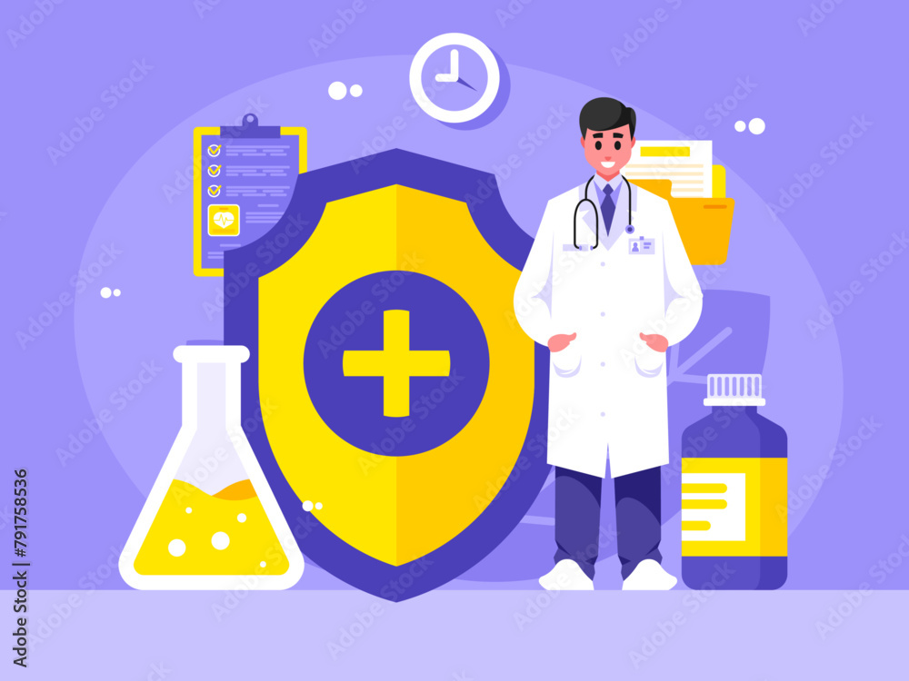 Doctor with shield from disease. Medical specialist in a white coat stands with a stethoscope. Concept of medical treatment and healthcare. Protection from the illness. Vector graphics