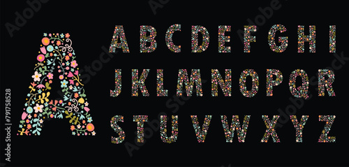 Cute floral Alphabet. Set letters.  Wedding invitations, greeting card, birthday, logo, poster other ideas. Vector illustration 
