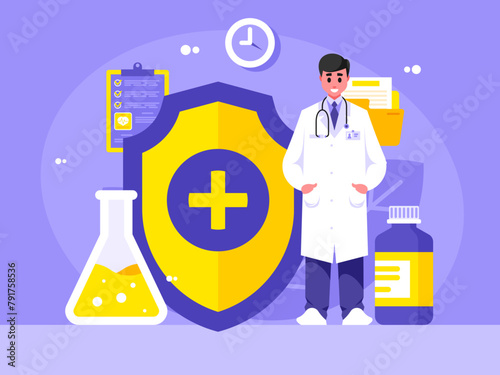 Doctor with shield from disease. Medical specialist in a white coat stands with a stethoscope. Concept of medical treatment and healthcare. Protection from the illness. Vector graphics