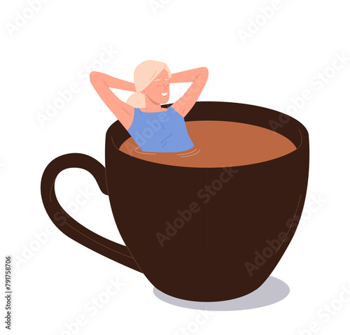 Comfy relaxed woman isolated cartoon character enjoying rest sitting in giant ceramic coffee cup
