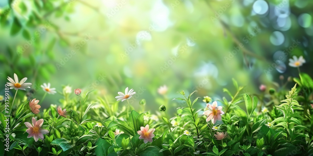 Sunny Field with Trees, Flowers, and Sunlight Streaming Through Leaves in Background Sunny Field with Trees, Flowers, and Sunlight Streaming Through Leaves in Background