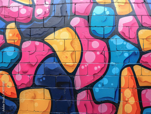 Abstract graffiti pattern on a brick wall in pink, blue and yellow colors.