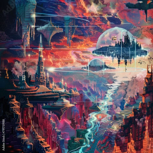 A colorful, futuristic cityscape with a large planet in the background