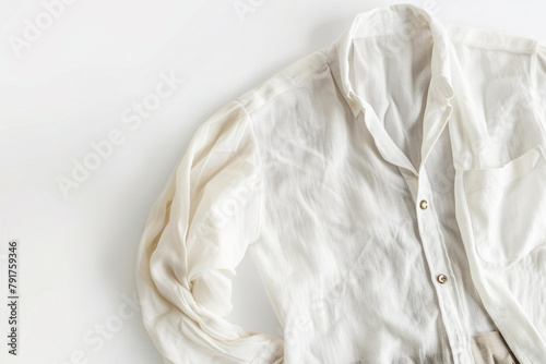 A crisp white linen shirt paired with khaki pants, a classic and timeless combination for a sophisticated summer outfit isolated on solid white background. photo
