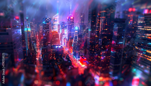 Tall skyscrapers and gleaming buildings rise into the darkened sky, their vibrant lights casting a dazzling array of colors. The city streets below are bustling with activity © Mathias