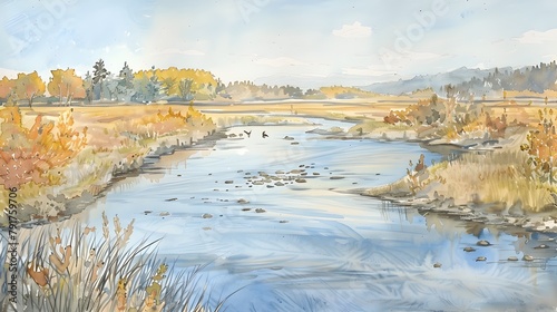 Serene Watercolor Painting of Tranquil Flowing River with Surrounding Nature Scenery photo