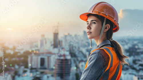 A woman wearing a hard hat and a safety vest is looking out over a city