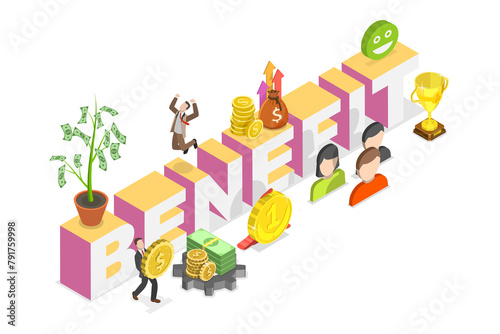 3D Isometric Flat  Illustration of Benefit, Company Staff Perks Package © TarikVision