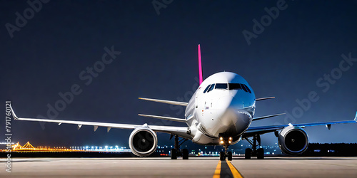 a large jetliner sitting on top of an airport tarmac at night with lights on the side of the plane and a dark sky behind it abstract illustration minimalistic geometric background photo