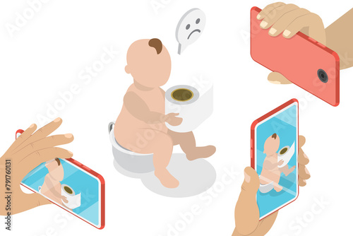 3D Isometric Flat Illustration of Baby Privacy, Oversharing or Sharenting