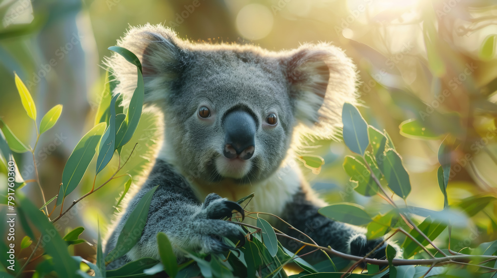 Fototapeta premium Curious Koala Clinging to a Tree Branch Amid Lush Foliage, Depicting Wildlife Inquisitiveness