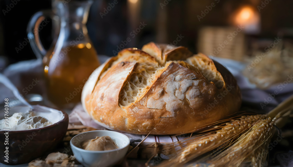 Fototapeta premium Homemade sourdough bread food photography recipe idea Happiness Concept on digital art concept, Generative AI.