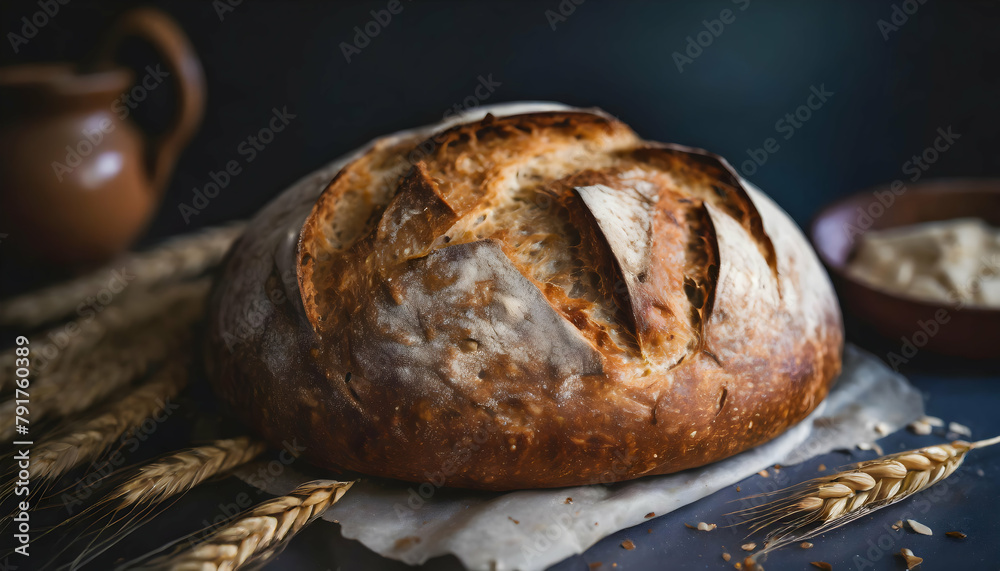 Obraz premium Homemade sourdough bread food photography recipe idea Happiness Concept on digital art concept, Generative AI.