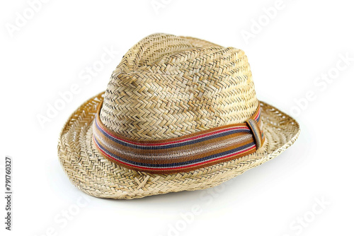 Adorable straw fedora hat with striped band for boys, isolated on a solid white background