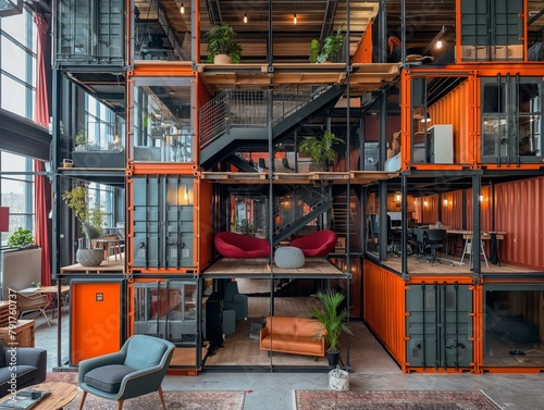 A large building with many windows and a staircase. The building is made of shipping containers and has a modern design. There are many potted plants and a few chairs scattered throughout the space