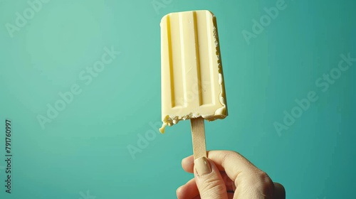 Close-up advertisement of a creamy cheese on a stick in a hand, spotlighted with studio lighting against a distraction-free background