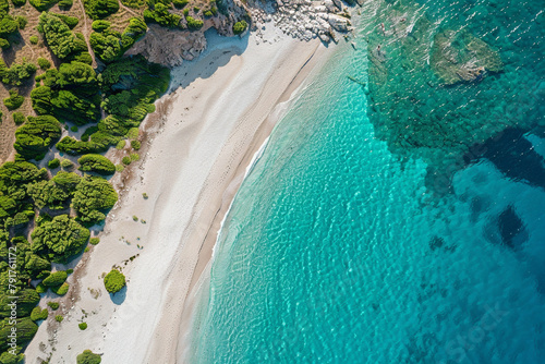 Aerial view of a pristine beach with turquoise waters